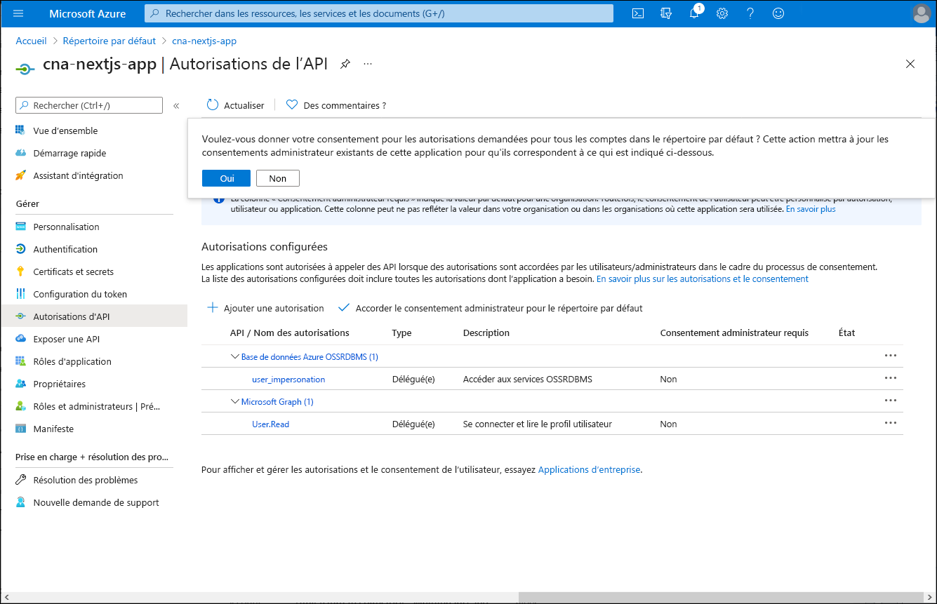 Capture d’écran du volet cna-nextjs-app Autorisations d’API dans le Portail Azure, avec l’invite de confirmation de l’octroi du consentement de l’administrateur.