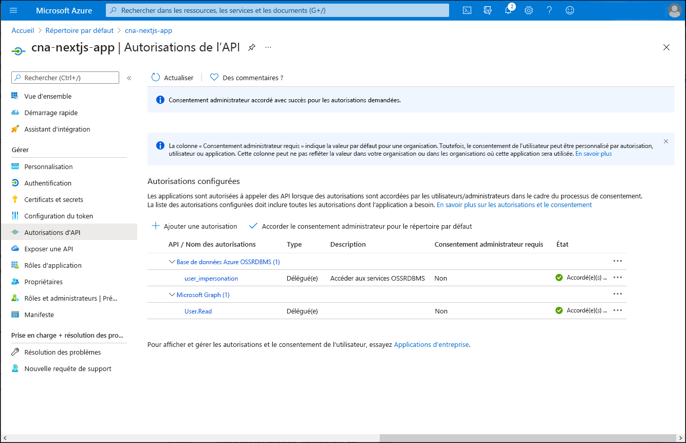 Capture d’écran du volet cna-nextjs-app Autorisations d’API dans le Portail Azure, avec le consentement et les autorisations accordés.