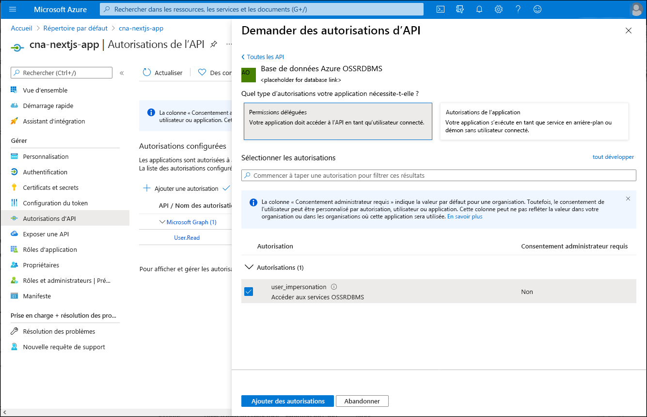 Capture d’écran du volet Demander une autorisation d’API dans le Portail Azure, avec l’option Autorisations déléguées sélectionnée.