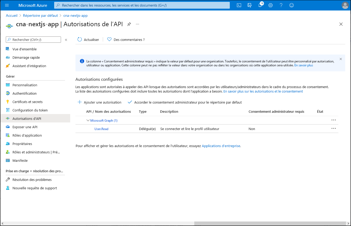 Capture d’écran du volet cnap-nextjs-app Autorisations d’API dans le Portail Azure.