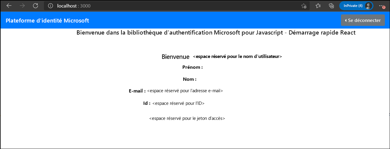 Capture d’écran de la page Bienvenue dans la bibliothèque d’authentification Microsoft pour le démarrage rapide de JavaScript – React avec les informations du profil adatumuser1.