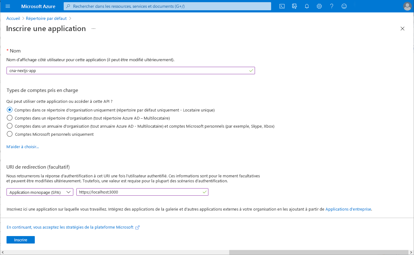 Capture d’écran du volet Inscrire une application dans le Portail Azure.