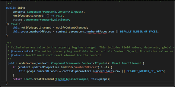 Capture d’écran du code de la méthode updateView dans le fichier index.ts.