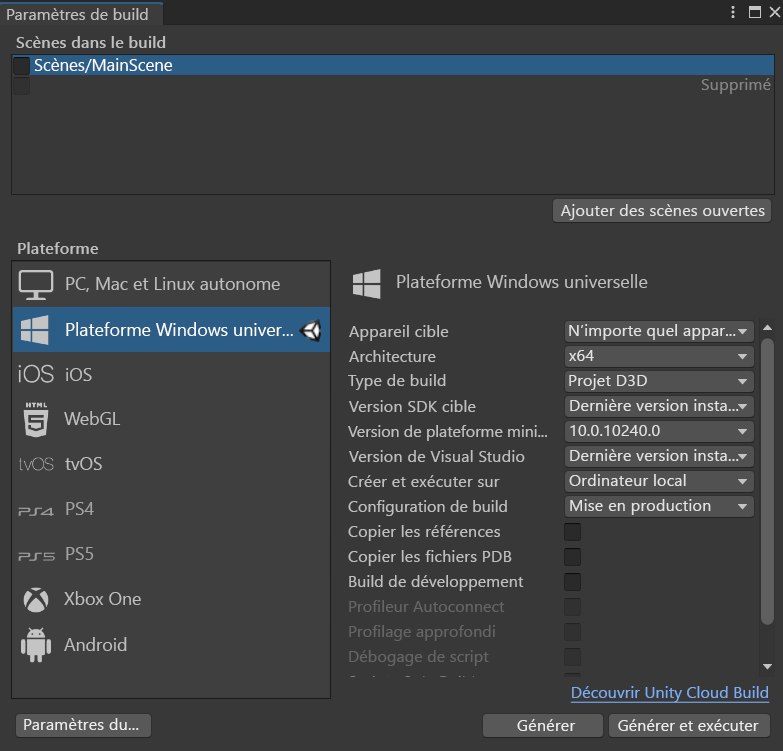 Capture d’écran de la fenêtre des paramètres de build Unity avec la scène principale et les options de la plateforme Windows universelle en surbrillance.