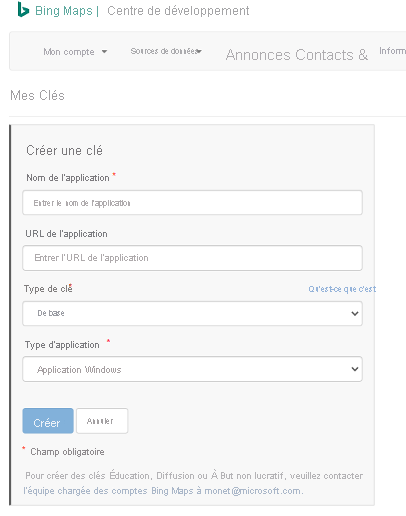 Capture d’écran du portail du centre de développement Bing Maps avec la page Mes clés sélectionnée montrant les champs de propriété Créer une clé.
