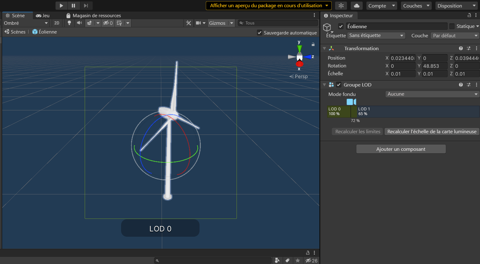 Capture d’écran de la fenêtre de scène Unity avec le Prefab d’éolienne dans la vue.