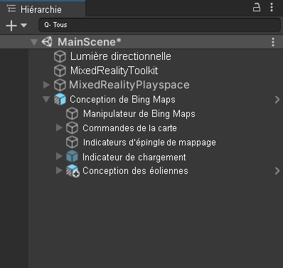 Capture d’écran de la fenêtre de hiérarchie Unity avec la scène principale sélectionnée et l’objet enfant Bing Maps Design développé.