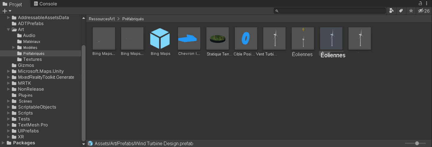 Capture d’écran du panneau de projet Unity avec le dossier Art ouvert contenant le sous-dossier Prefabs sélectionné.