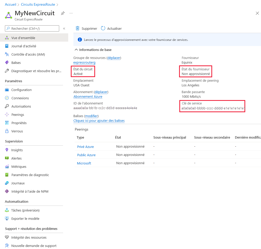 Screenshot of provisioning a circuit by using the Azure portal.