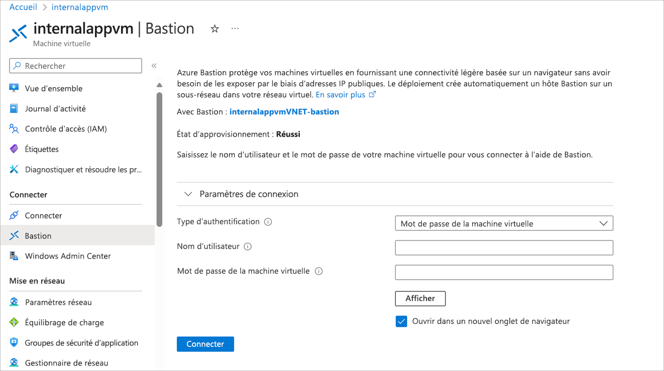 Capture d’écran de la page Se connecter en utilisant Azure Bastion avec l’invite demandant le nom d’utilisateur et le type d’authentification.