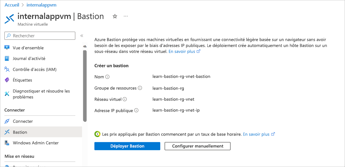 Capture d’écran de la page Connecter et de l’onglet Bastion, avec le bouton Créer un bastion Azure avec les valeurs par défaut.