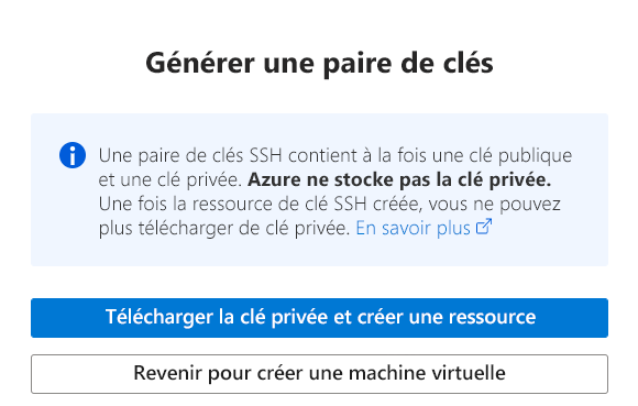 Capture d’écran de la fenêtre Générer une nouvelle paire de clés avec le bouton Télécharger la clé privée en surbrillance.