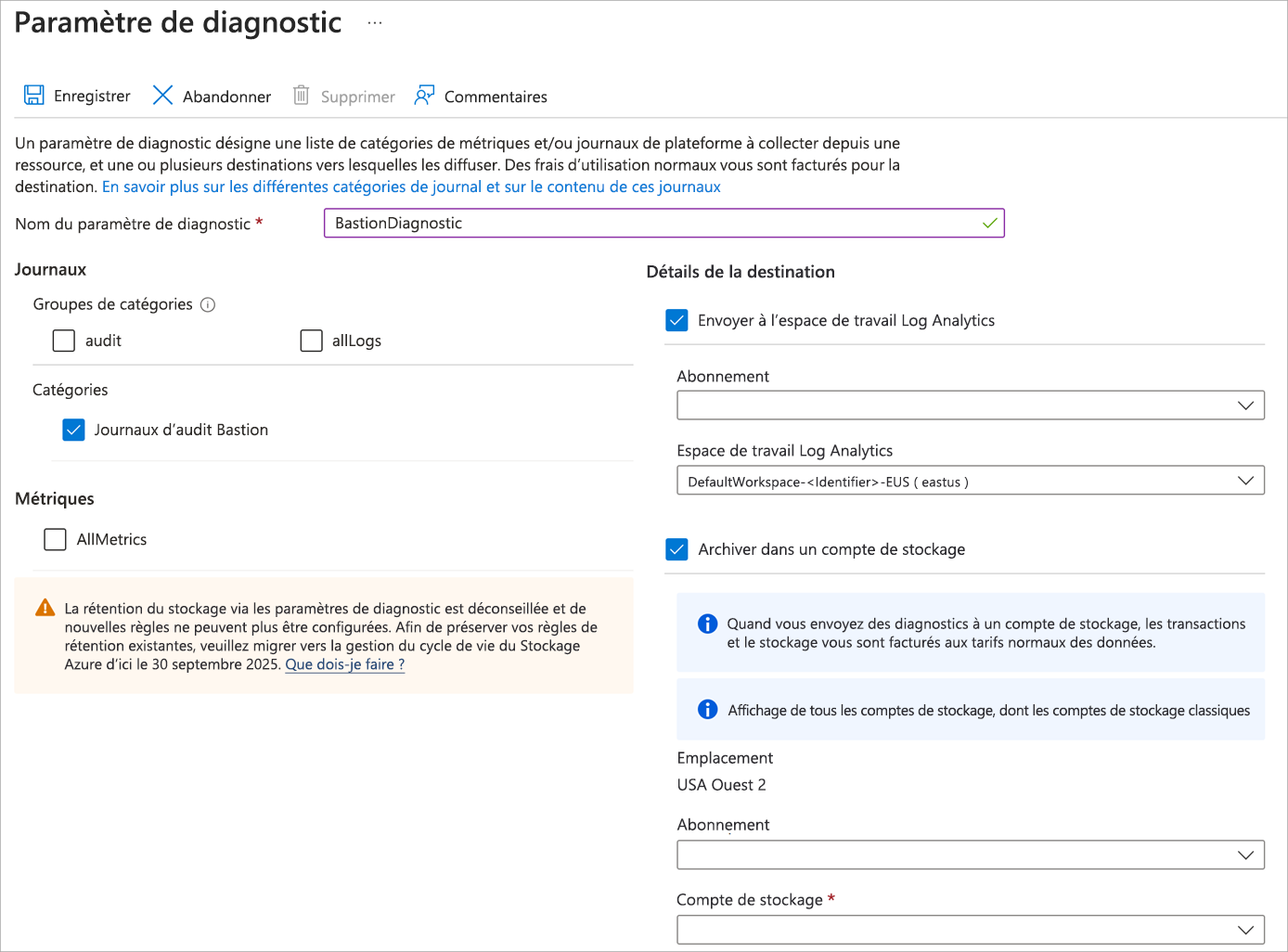 Capture d’écran montrant la page Paramètres de diagnostic remplie.