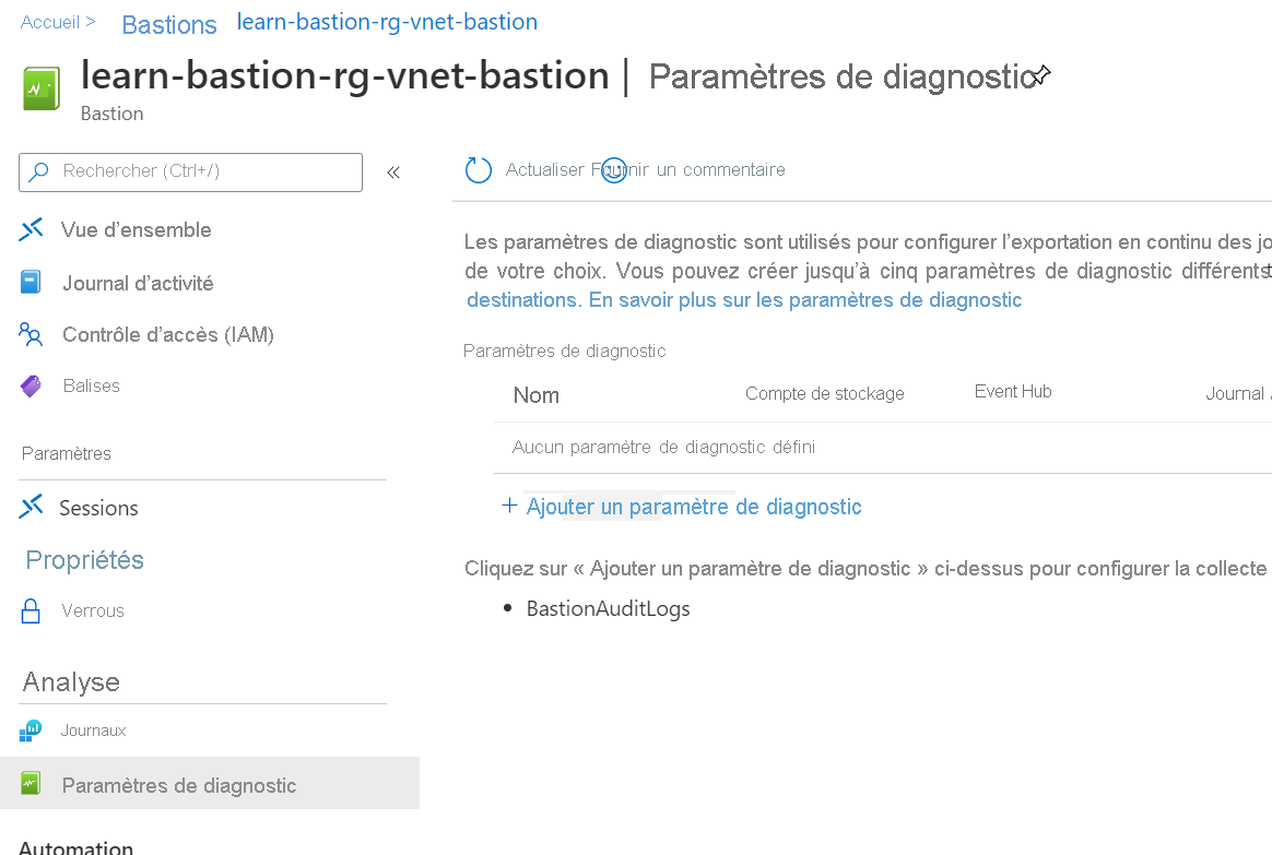 Capture d’écran montrant le lien Ajouter des paramètres de diagnostic dans la page Paramètres de diagnostic.