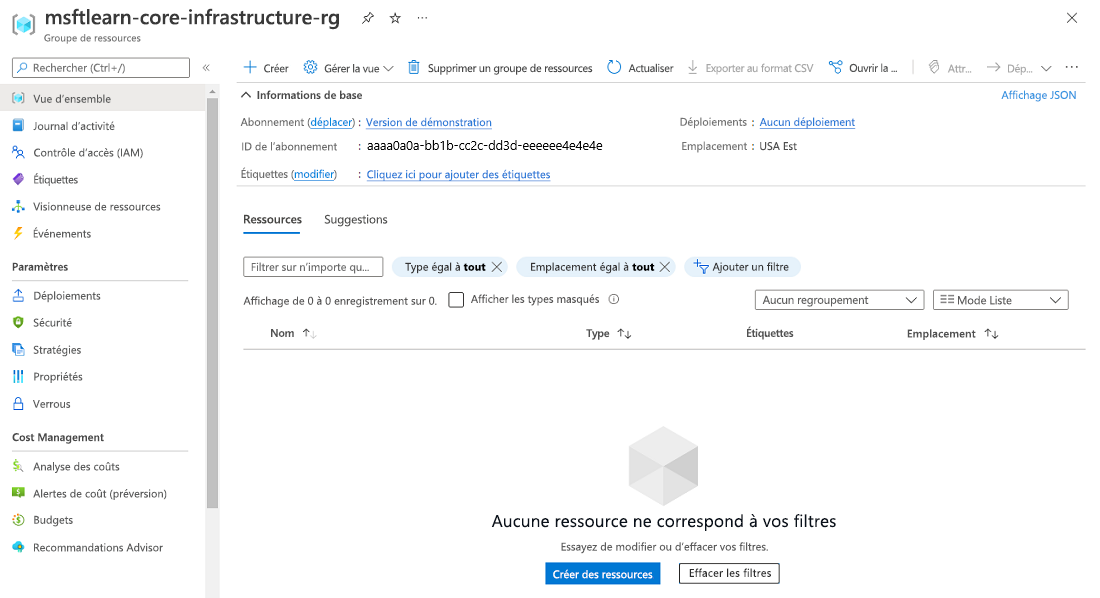 Capture d’écran du portail Azure montrant un nouveau volet de groupe de ressources sans aucune ressource pour l’instant.