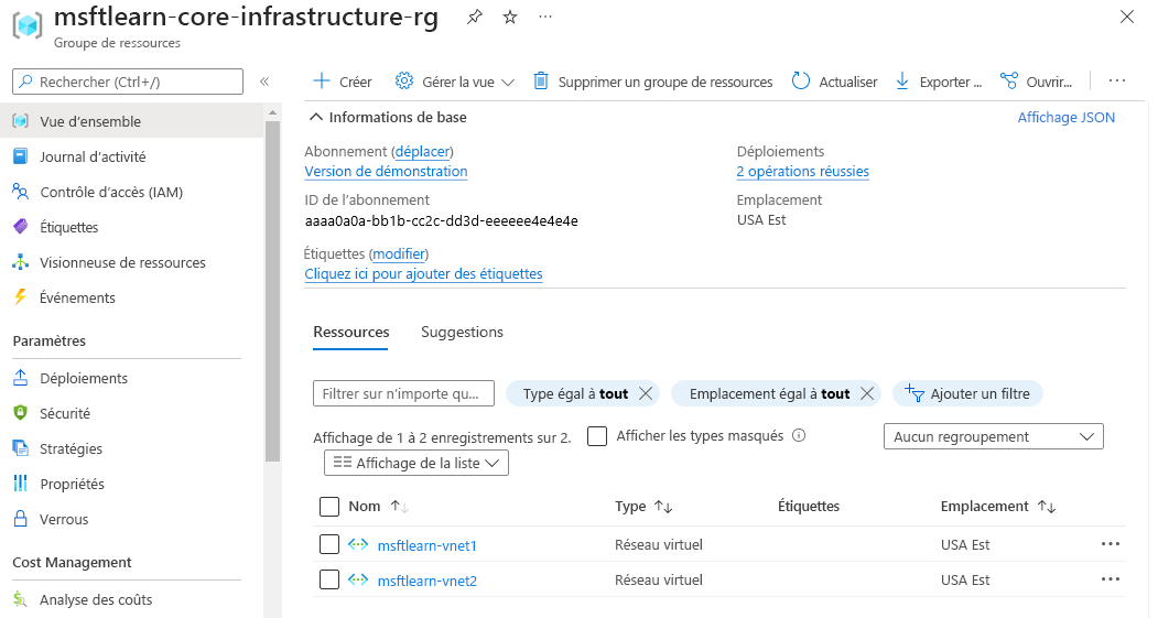 Capture d’écran du portail Azure montrant une vue d’ensemble du groupe de ressources contenant deux ressources de réseau virtuel.