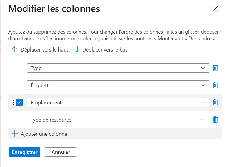 Capture d’écran du portail Azure montrant la boîte de dialogue Modifier les colonnes avec les colonnes disponibles à gauche et les colonnes sélectionnées à droite.