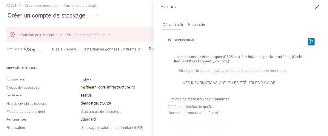 Capture d’écran du portail Azure montrant un échec de validation avec une stratégie sur un nouveau compte de stockage sans étiquette.