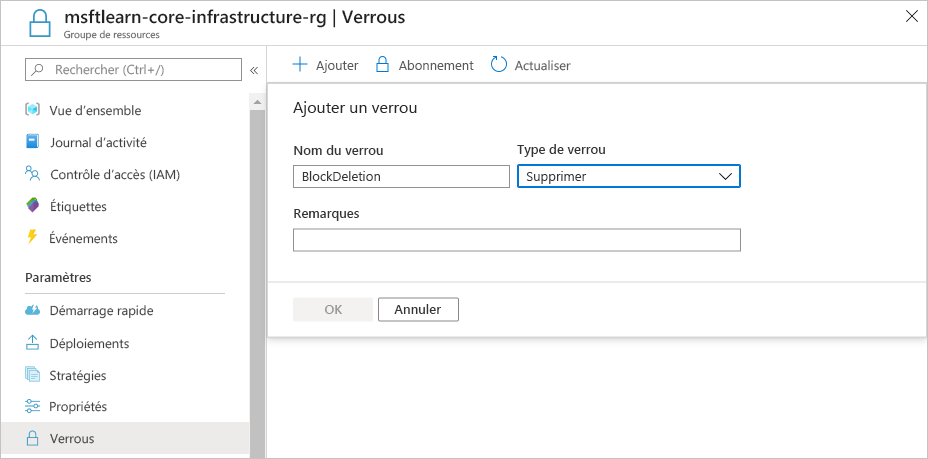 Capture d’écran du portail Azure montrant la configuration d’un nouveau verrou de ressource Supprimer.