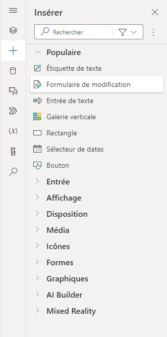 Options de menu du ruban de contrôles Power Apps pour l’onglet Insérer.