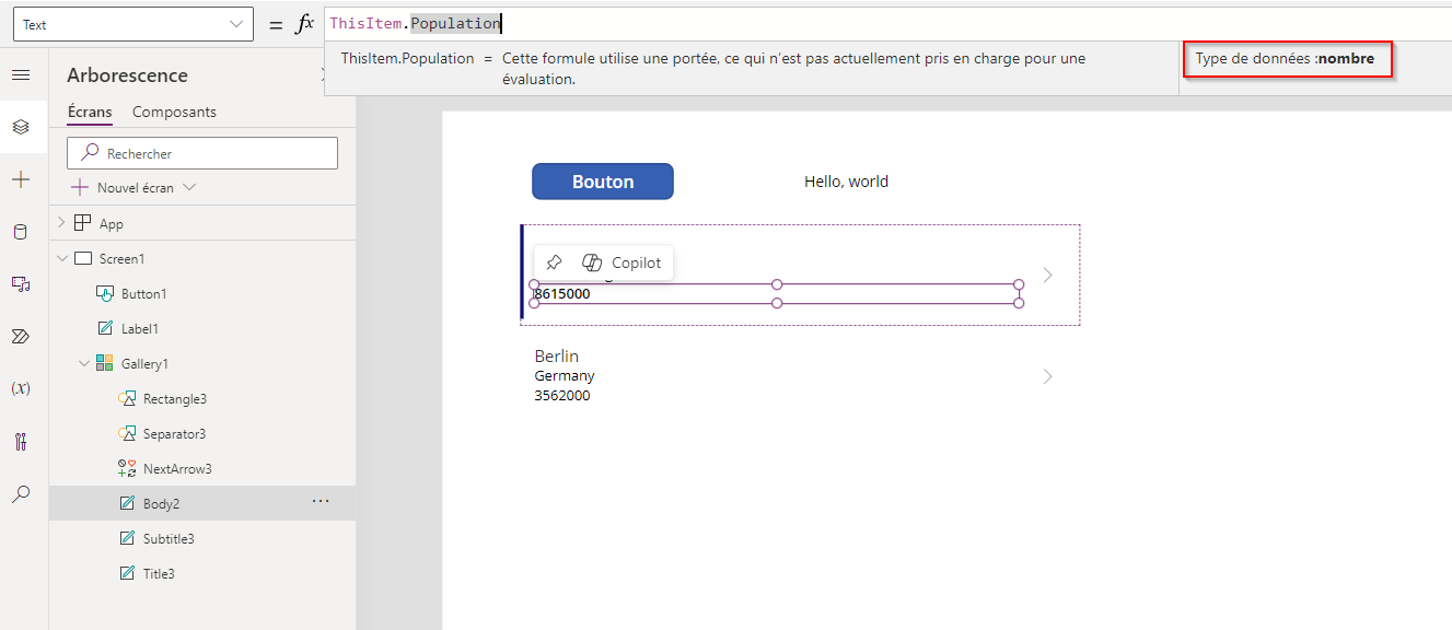 Capture d’écran des options du menu Image de la galerie pour la propriété Text.