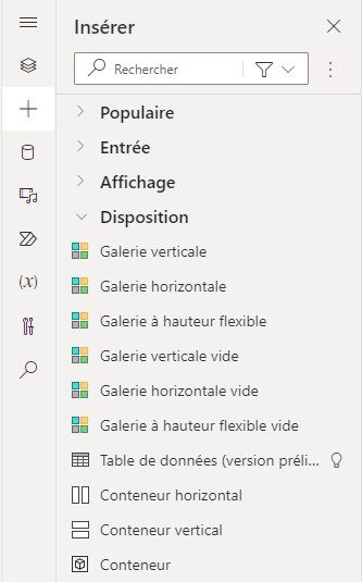 Capture d’écran des options du menu Galerie.