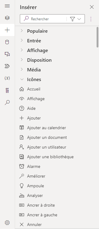 Capture d’écran des options du menu Icônes.