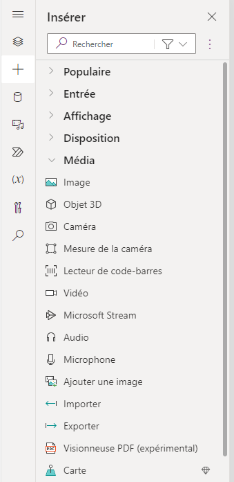 Capture d’écran des options du menu Média.