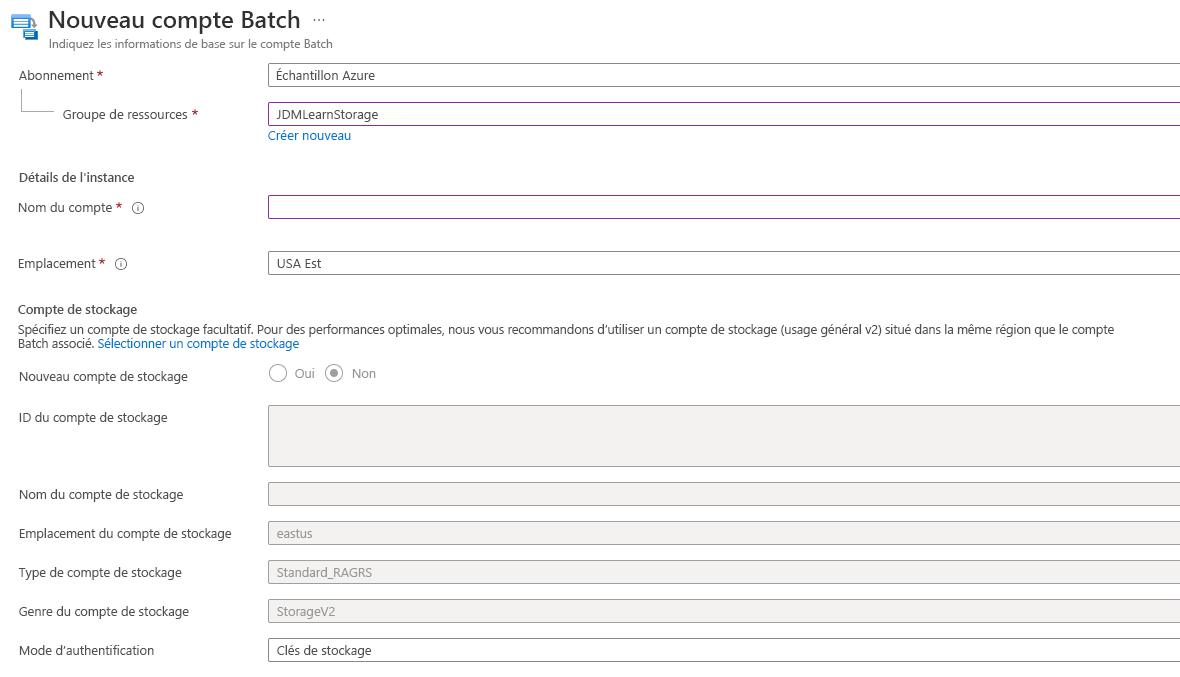 Screenshot that shows the new batch account form.