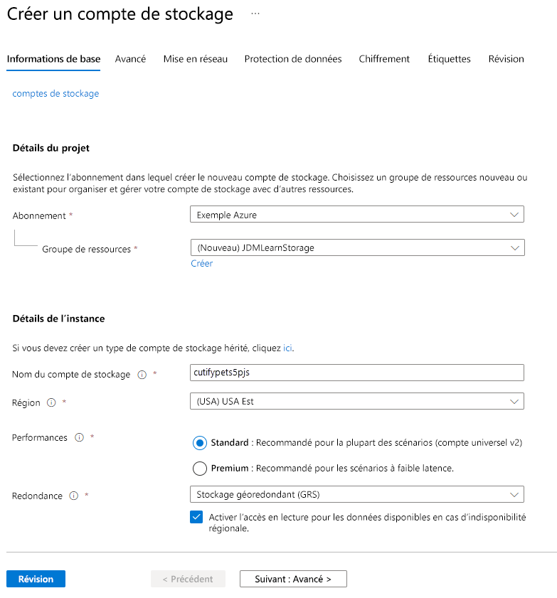 Screenshot of the Create a storage account form.