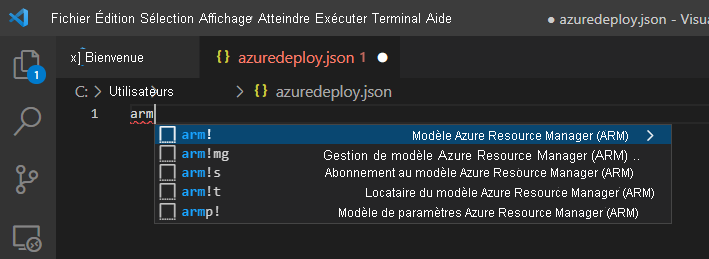 Fichier azuredeploy.json Visual Studio Code affichant les options d’extrait de code pour les modèles Azure Resource Manager.