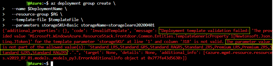 Capture d’écran de la fenêtre de terminal montrant l’erreur de validation du déploiement.