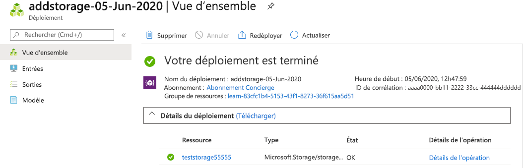 Capture d’écran de l’interface du portail Azure pour le déploiement spécifique avec une ressource listée.