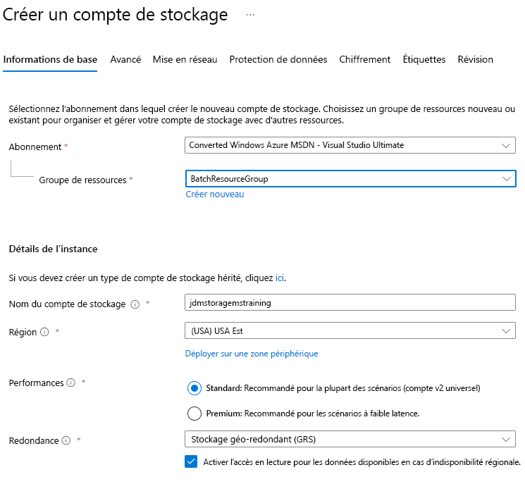 Capture d’écran du formulaire de création d’un compte de stockage dans l’onglet Général.