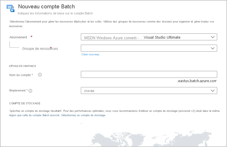 Capture d’écran de la page de création d’un nouveau compte Batch dans le portail Azure.