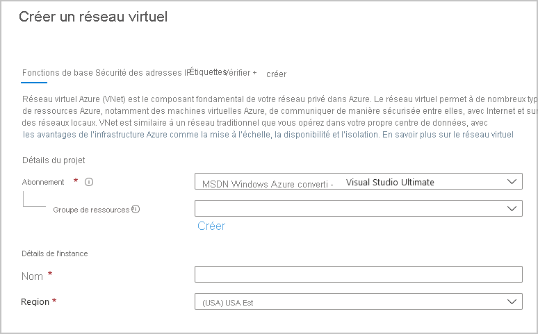 Capture d’écran de la page de création d’un réseau virtuel dans le portail Azure.