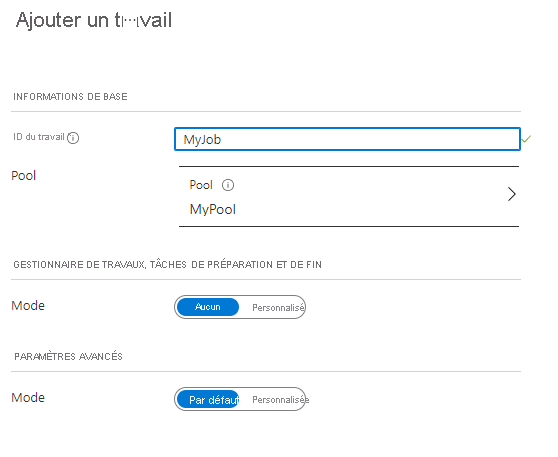 Capture d’écran de la page d’ajout d’un travail dans le portail Azure.