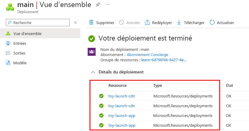 Capture d’écran du portail Azure qui montre les détails du déploiement main.