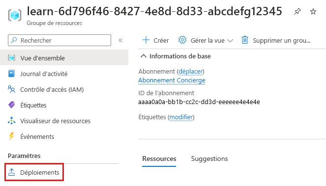 Capture d’écran du portail Azure qui montre le groupe de ressources, avec l’élément de menu Déploiements sélectionné.