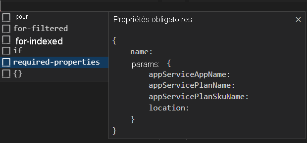 Capture d’écran de Visual Studio Code qui montre l’option pour construire un module avec ses propriétés obligatoires.