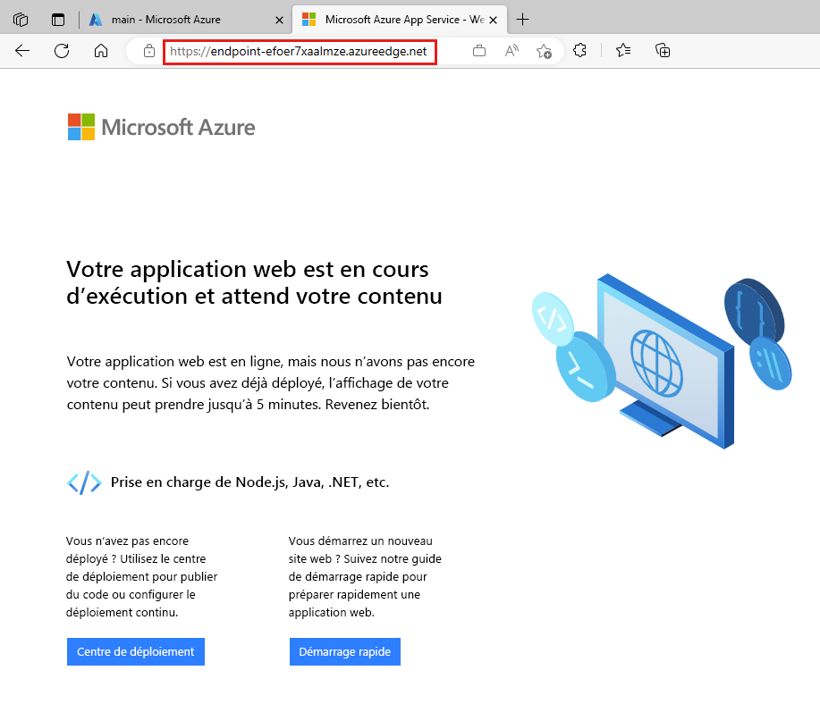 Capture d’écran de la page d’accueil de l’application web, avec la barre d’adresses montrant le point de terminaison CDN.