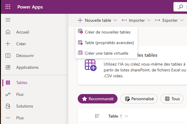 Capture d’écran de la création d’une table dans Dataverse.