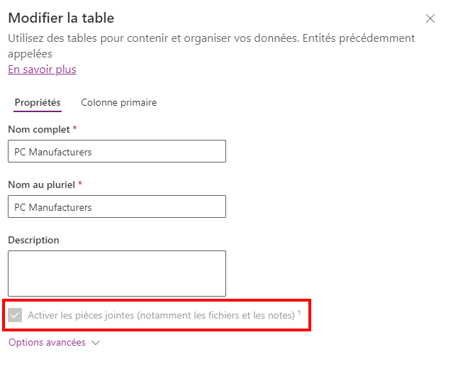 Capture d’écran du bouton Enregistrer la table permettant d’autoriser les pièces jointes.