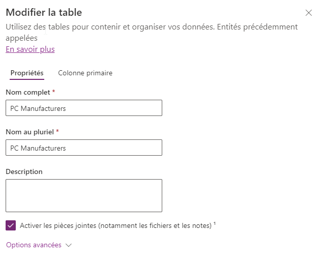 Capture d’écran des attributs de modification de la table avec le bouton Terminé.