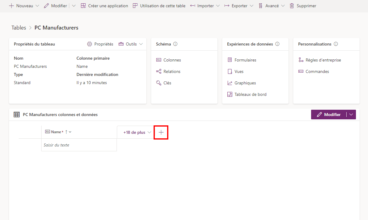 Capture de l’écran Tables avec le bouton d’ajout mis en surbrillance en regard du volet de colonnes et données.