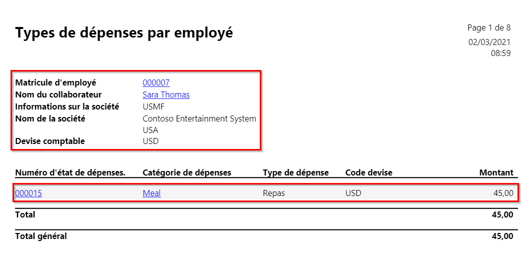  Capture d’écran d’un état Types de dépenses par collaborateur.