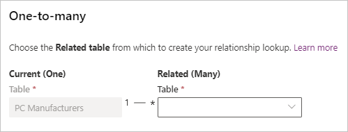 Capture d’écran du volet des relations montrant l’option de liste déroulante pour la table associée.