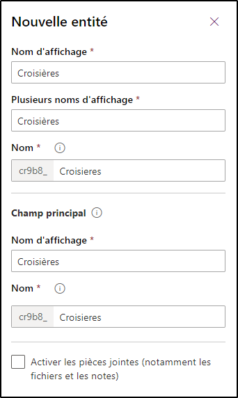 Capture d’écran de la boîte de dialogue Nouvelle table avec Croisières saisi dans la zone Nom d’affichage.