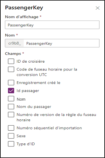 Capture d’écran de la boîte de dialogue Clé avec la colonne ID passager sélectionnée.