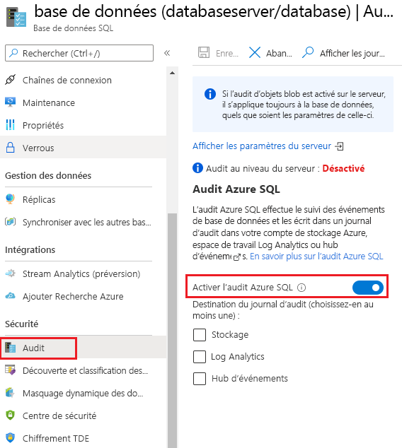 Capture d’écran qui montre comment activer l’audit pour des bases de données Azure SQL.